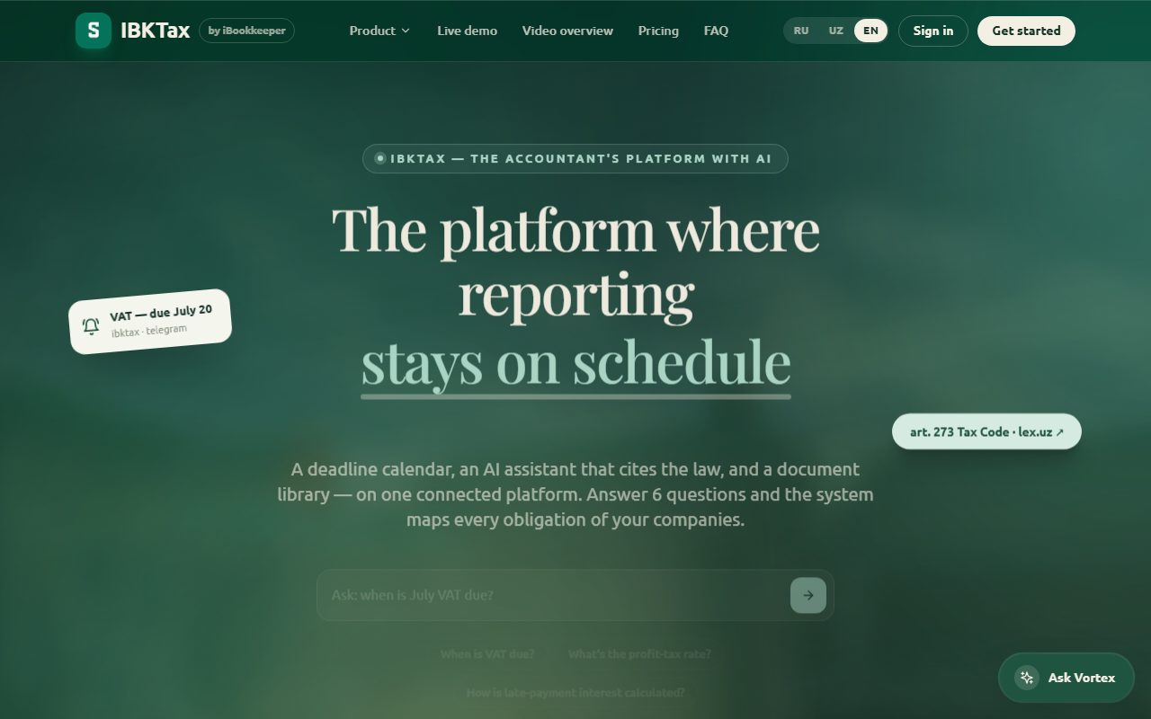 The ibktax.uz home page: a tax calendar with an AI assistant
